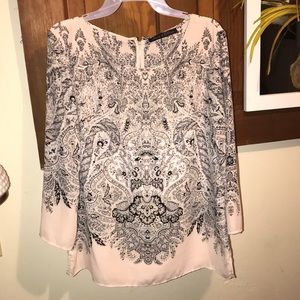 Blush pink blouse with gray scale patterns
